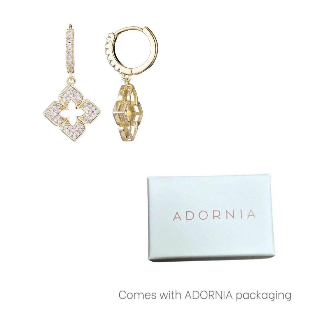 14K Gold Plated Dangle Huggie Hoop Earrings with Pointed Clover and Cubic Zirconia (CZ)