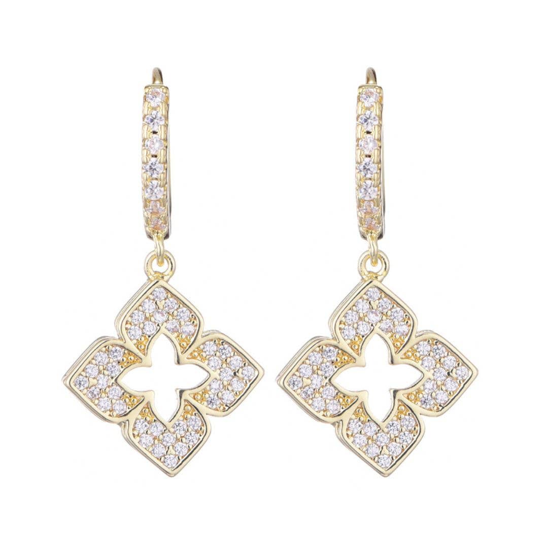 14K Gold Plated Dangle Huggie Hoop Earrings with Pointed Clover and Cubic Zirconia (CZ)