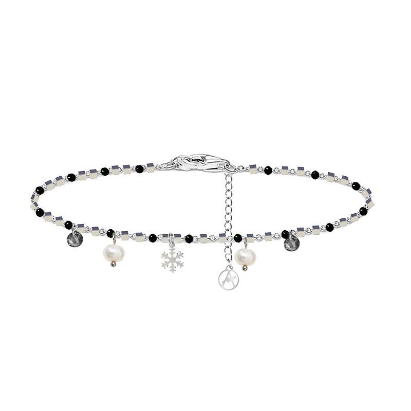Bracelet charm flocon de neige avec perle et zircone: Gris argenté / Avec boîte