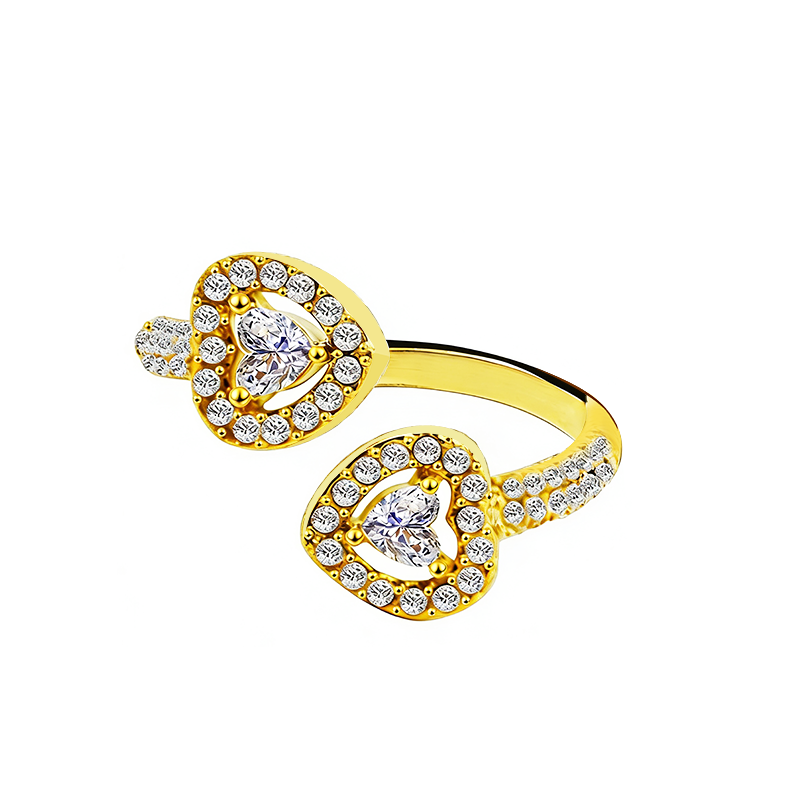 BAGUE OUVERTE RÉGLABLE DOUBLE CŒUR AVEC ZIRCONS: Argenté / Avec boîte