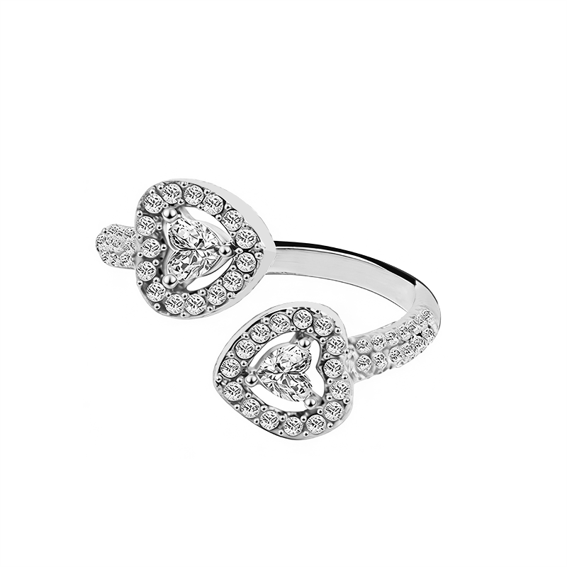 BAGUE OUVERTE RÉGLABLE DOUBLE CŒUR AVEC ZIRCONS: Argenté / Avec boîte