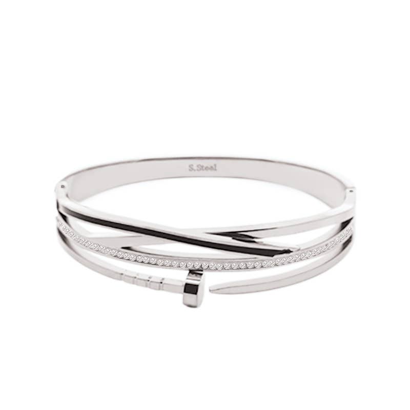 RIGID NAIL BRACELET WITH RHINESTONES - DH22100D359: Silver / With box