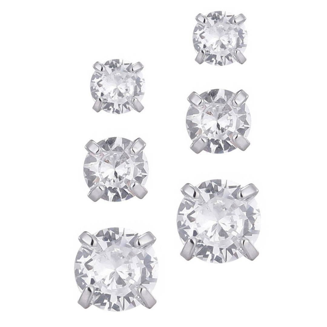 Ensemble de 3 clous d'oreilles solitaires en CZ plaqué argent