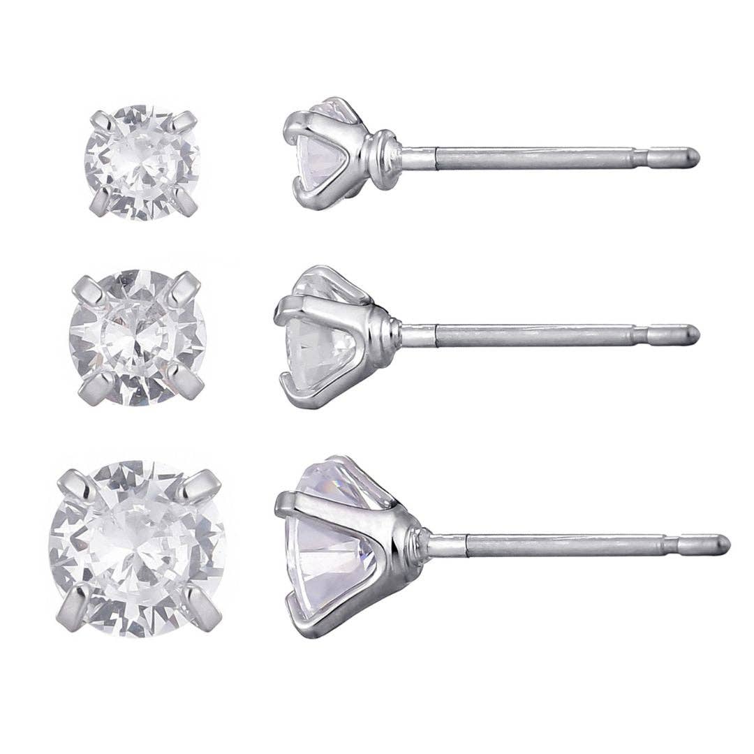 Ensemble de 3 clous d'oreilles solitaires en CZ plaqué argent