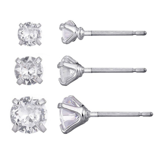 Set of 3 silver-plated CZ solitaire stud earrings