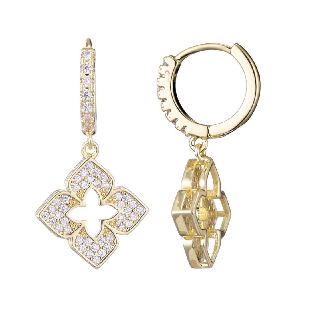 14K Gold Plated Dangle Huggie Hoop Earrings with Pointed Clover and Cubic Zirconia (CZ)