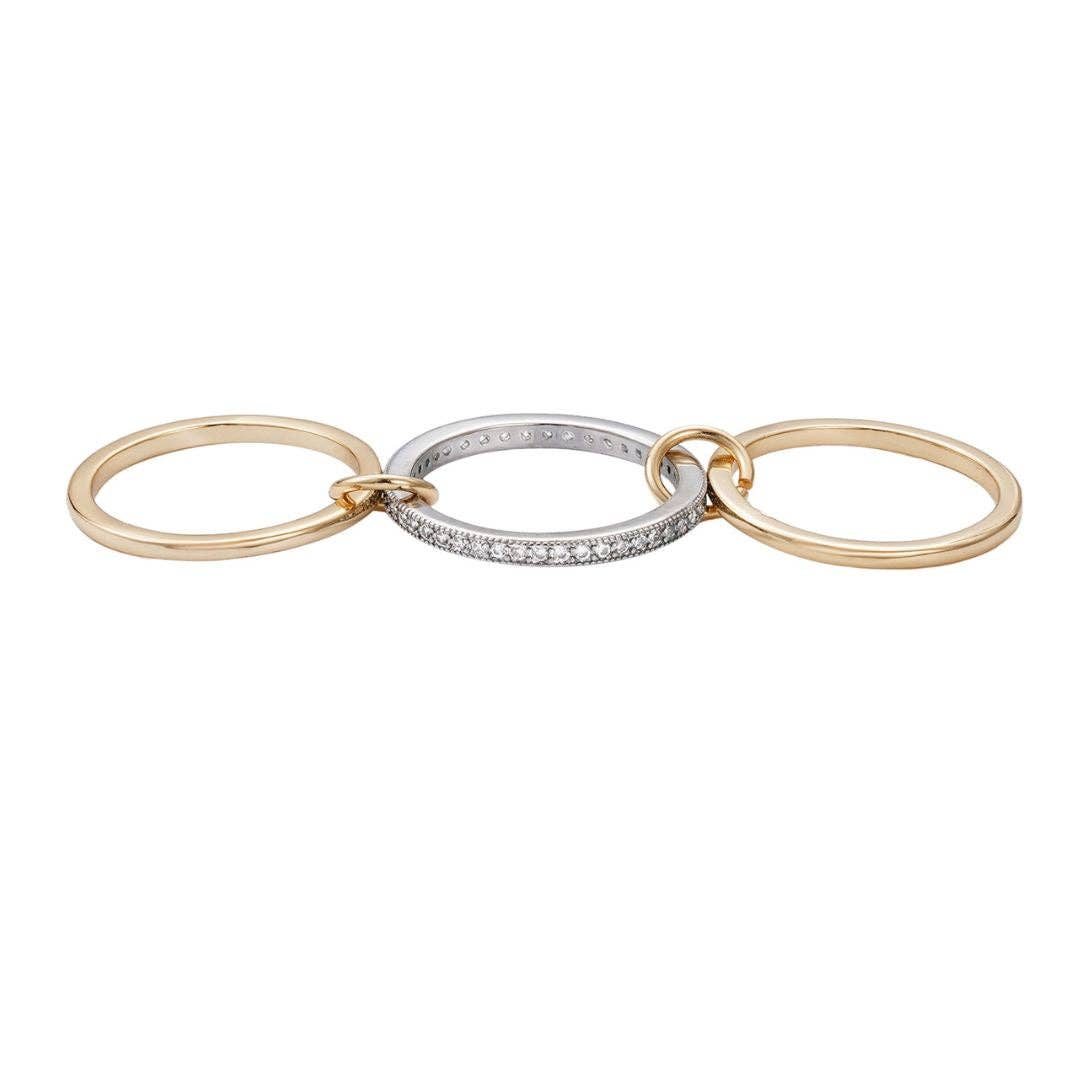 Ensemble de 3 bagues reliées, plaquées or 14 carats et plaquées argent: 7
