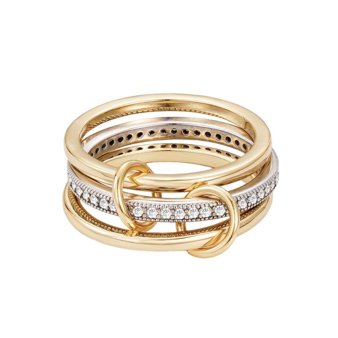 Ensemble de 3 bagues reliées, plaquées or 14 carats et plaquées argent: 7