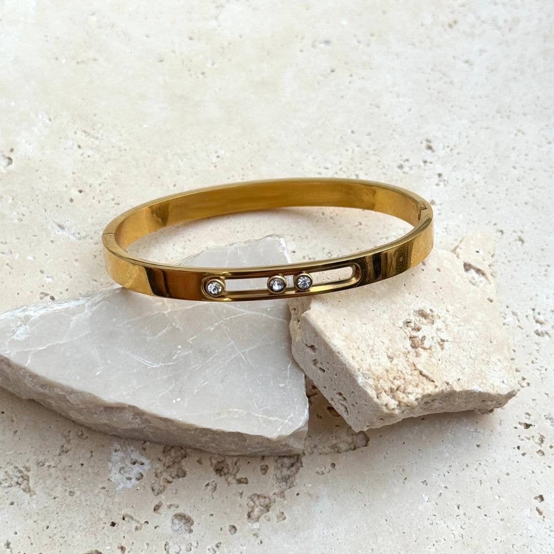 Tarnish-Resistant Sliding Stone Bangle: Silver