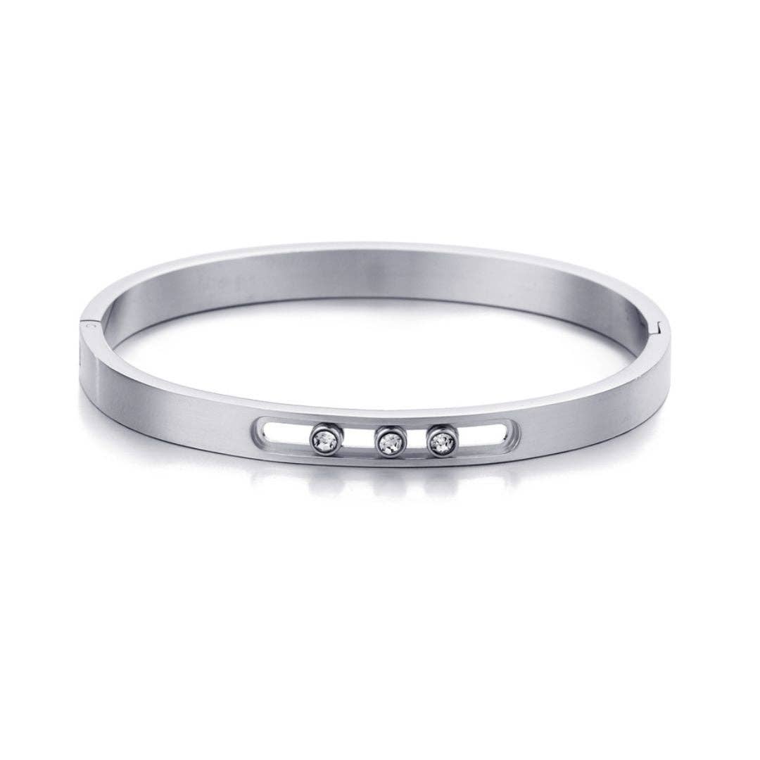 Tarnish-Resistant Sliding Stone Bangle: Silver