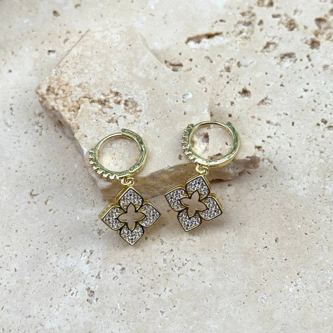 14K Gold Plated Dangle Huggie Hoop Earrings with Pointed Clover and Cubic Zirconia (CZ)