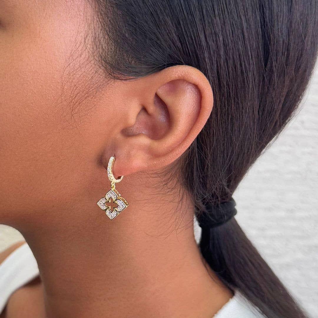 14K Gold Plated Dangle Huggie Hoop Earrings with Pointed Clover and Cubic Zirconia (CZ)